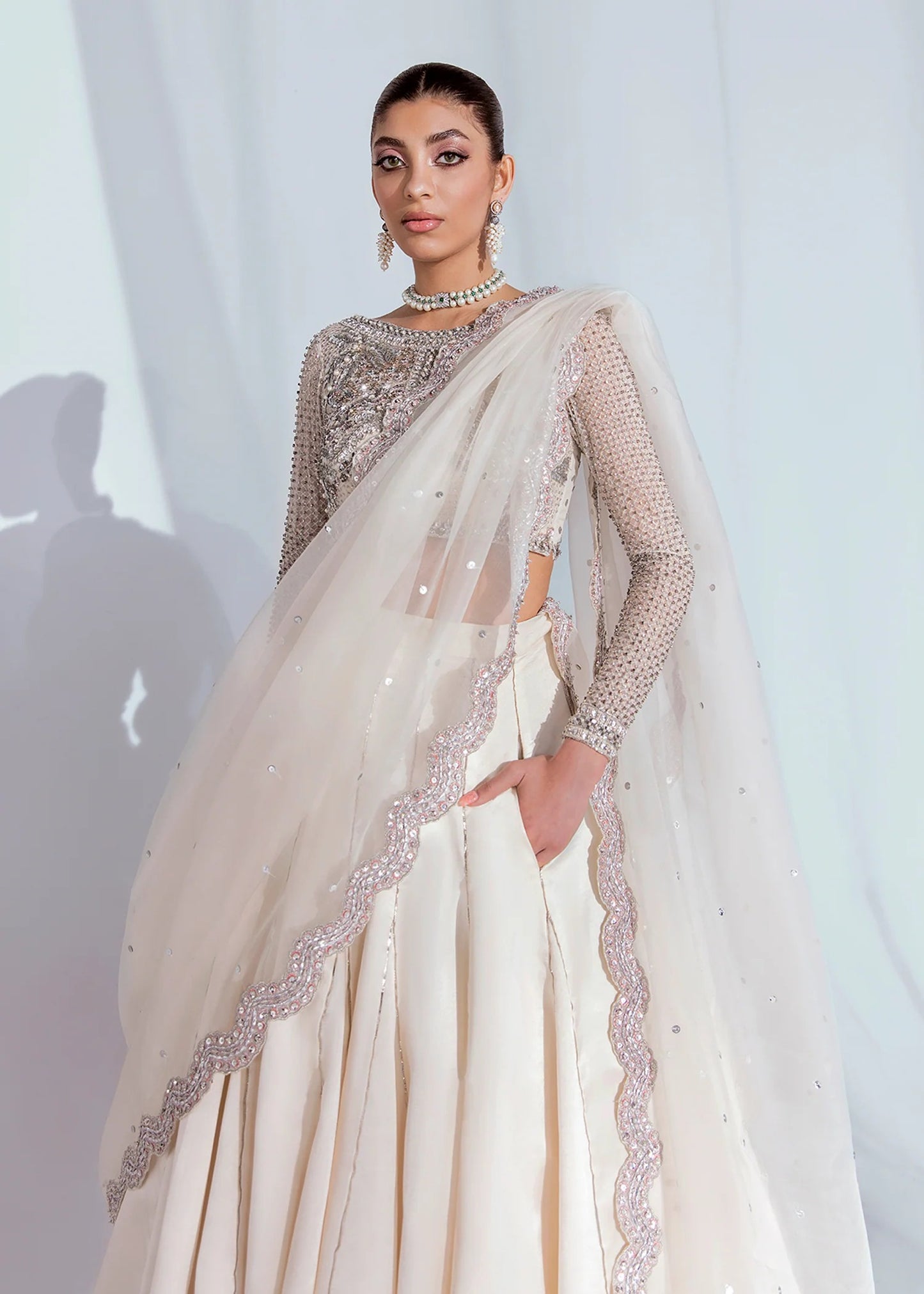 Hussain Rehar | 3 Piece Unstitched Organza Choli Lehnga | Dove