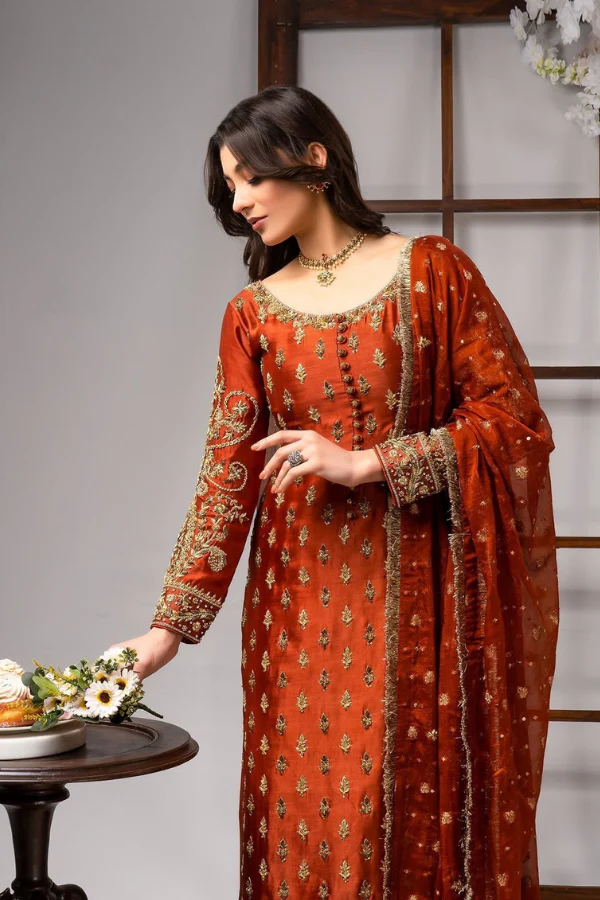 Ahmad Sultan | 3 Piece Embroidered Cotton Silk | Tangerine