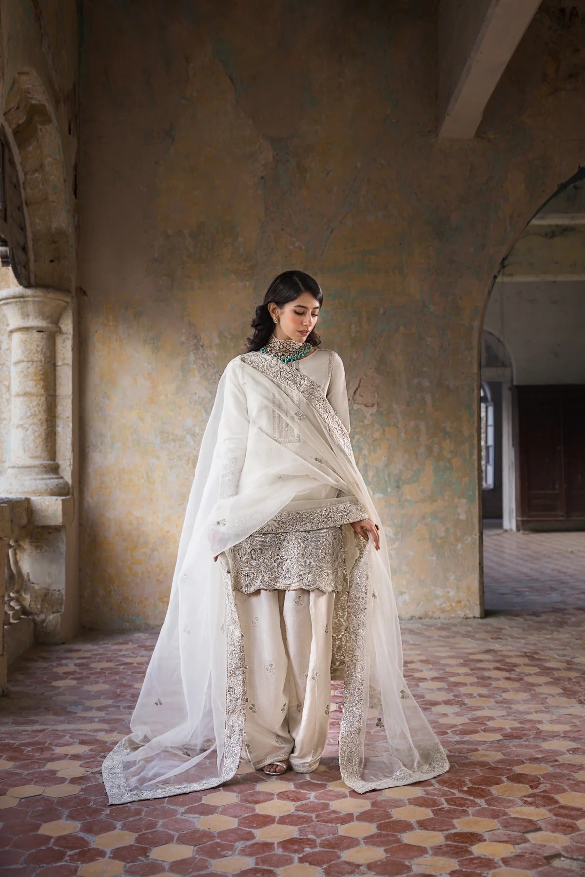 Erum Khan | 3 Piece Unstitched Embroidered Raw Silk | Hoorain
