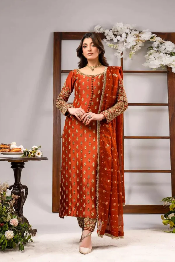 Ahmad Sultan | 3 Piece Embroidered Cotton Silk | Tangerine
