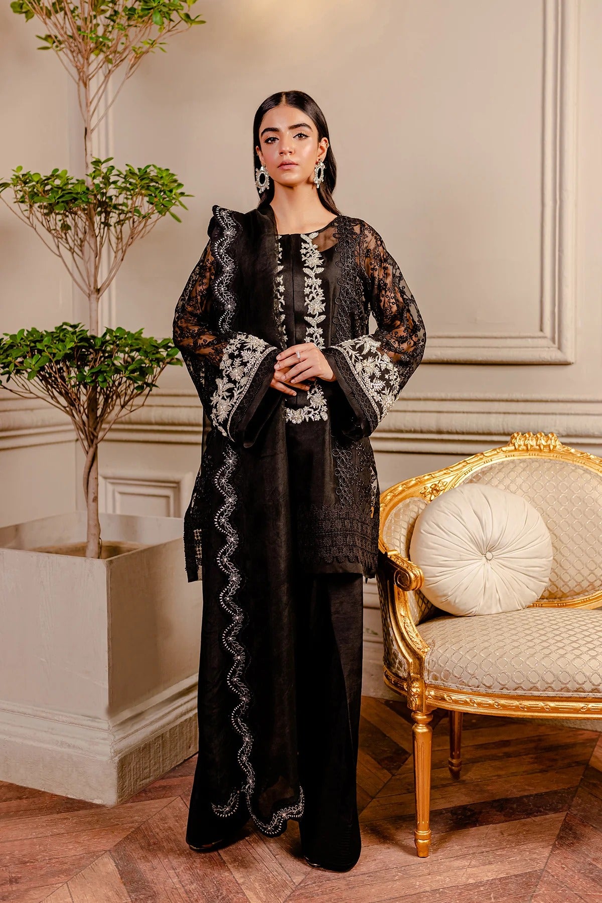 Fozia Khalid | 4 Piece Unstitched Embroidered Organza | Raven Black