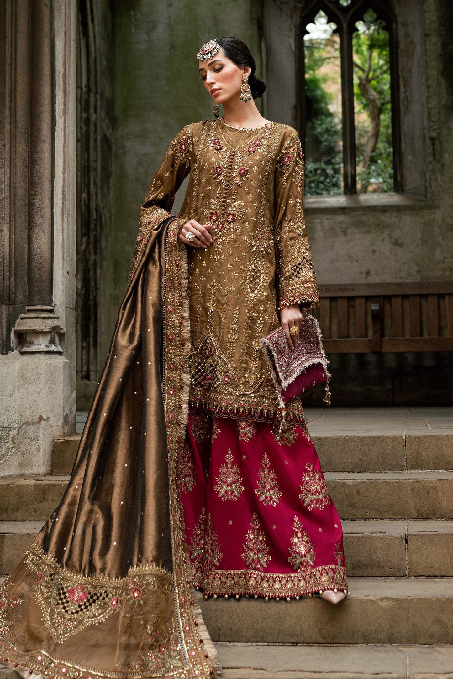 Maria B. | 3 Piece Unstitched Embroidered Raw Silk Suit | WF-09-04-Tambaku Brown