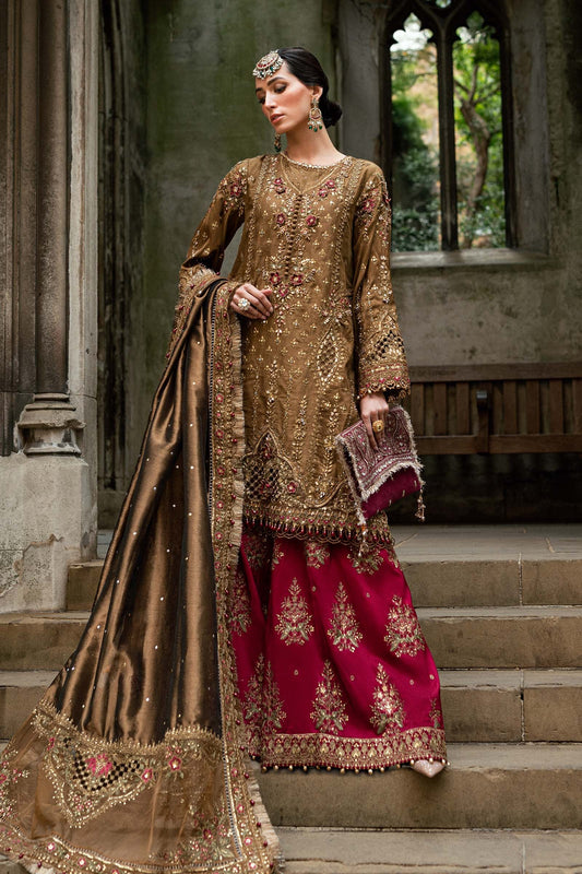 Maria B. | 3 Piece Unstitched Embroidered Raw Silk Suit | WF-09-04-Tambaku Brown