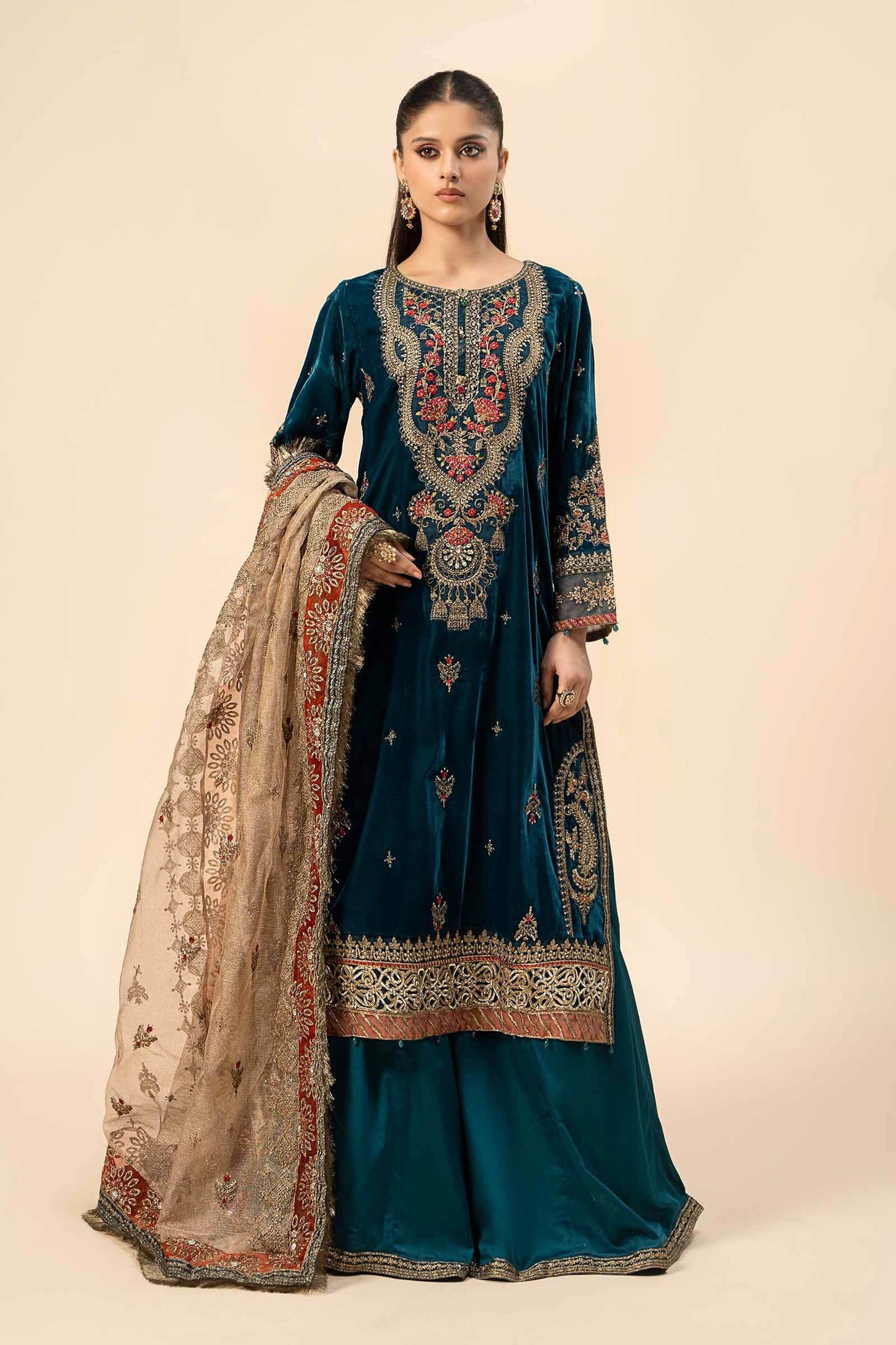 Maria B. | 3 Piece Embroidered Velvet Suit | SF-W24-29-Teal Blue