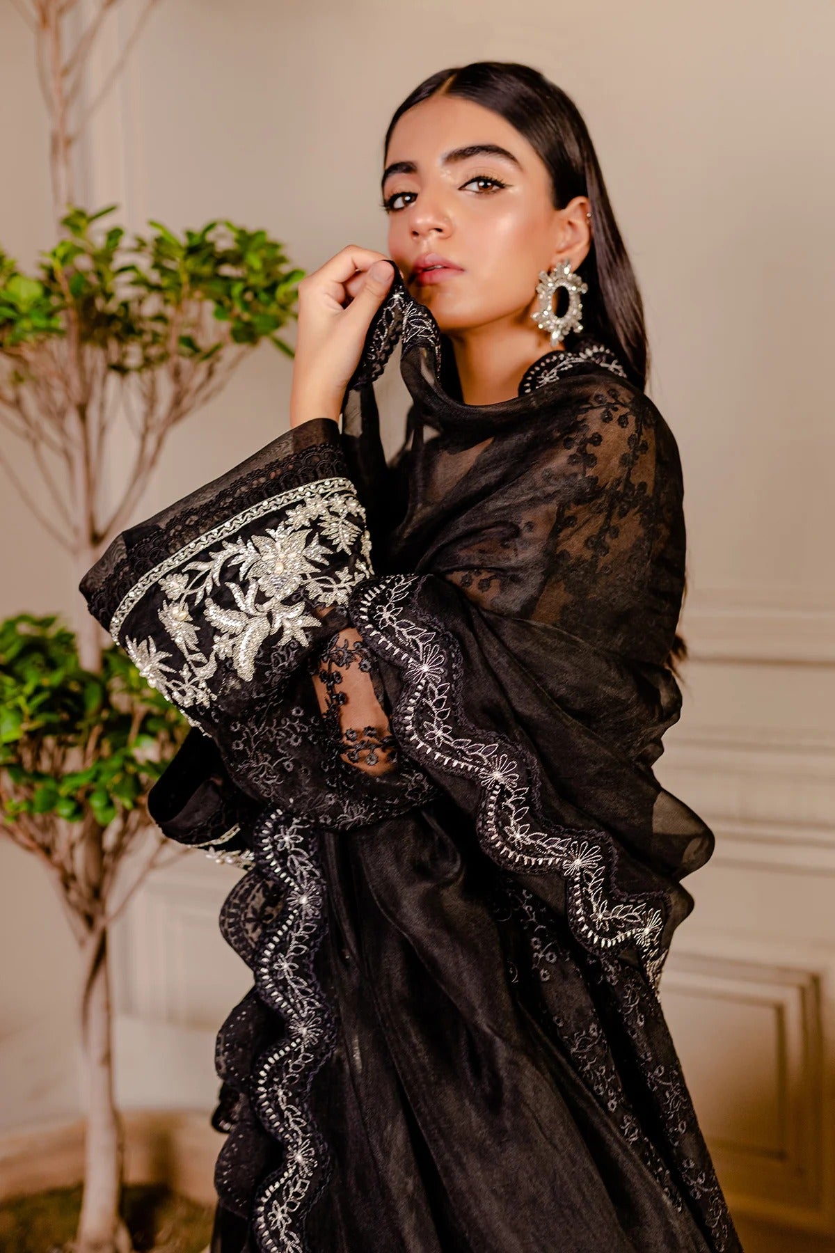 Fozia Khalid | 4 Piece Unstitched Embroidered Organza | Raven Black