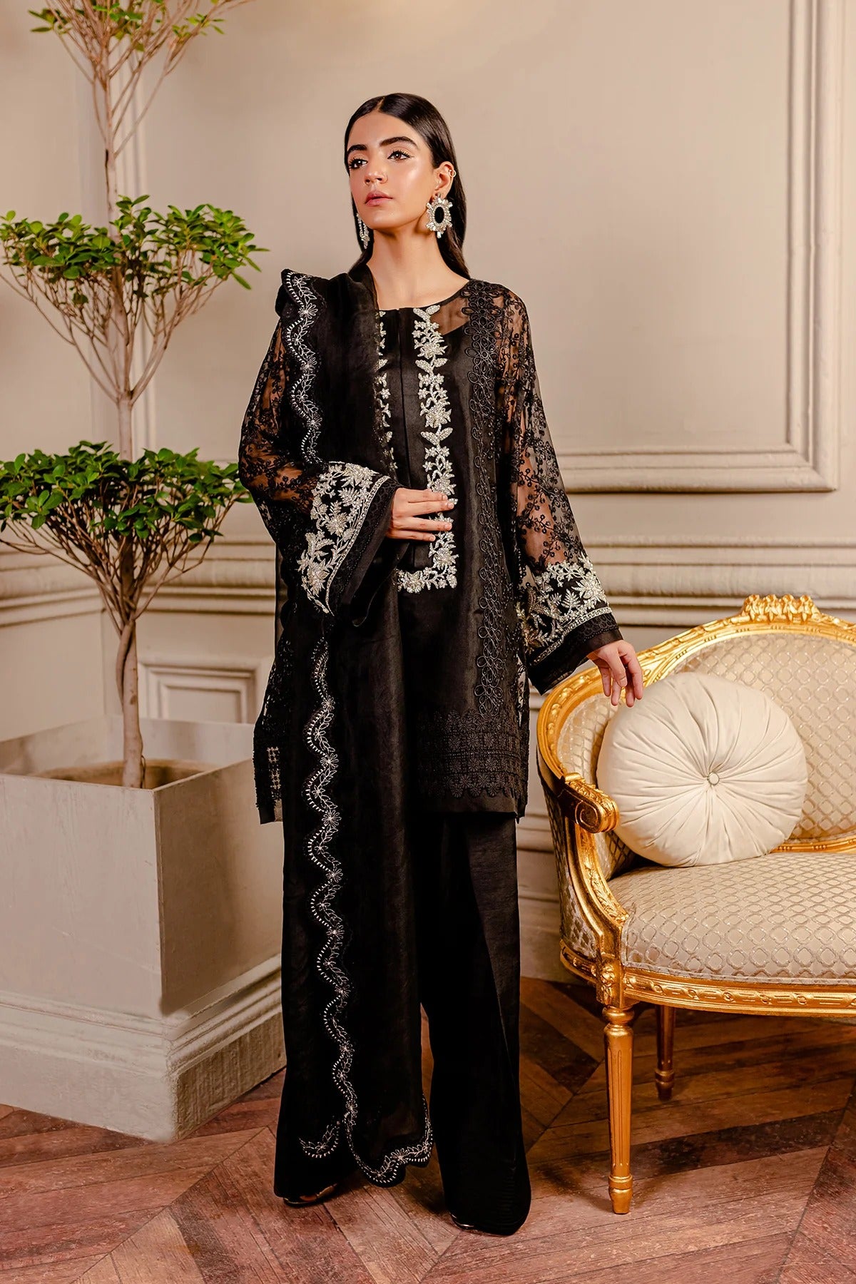 Fozia Khalid | 4 Piece Unstitched Embroidered Organza | Raven Black