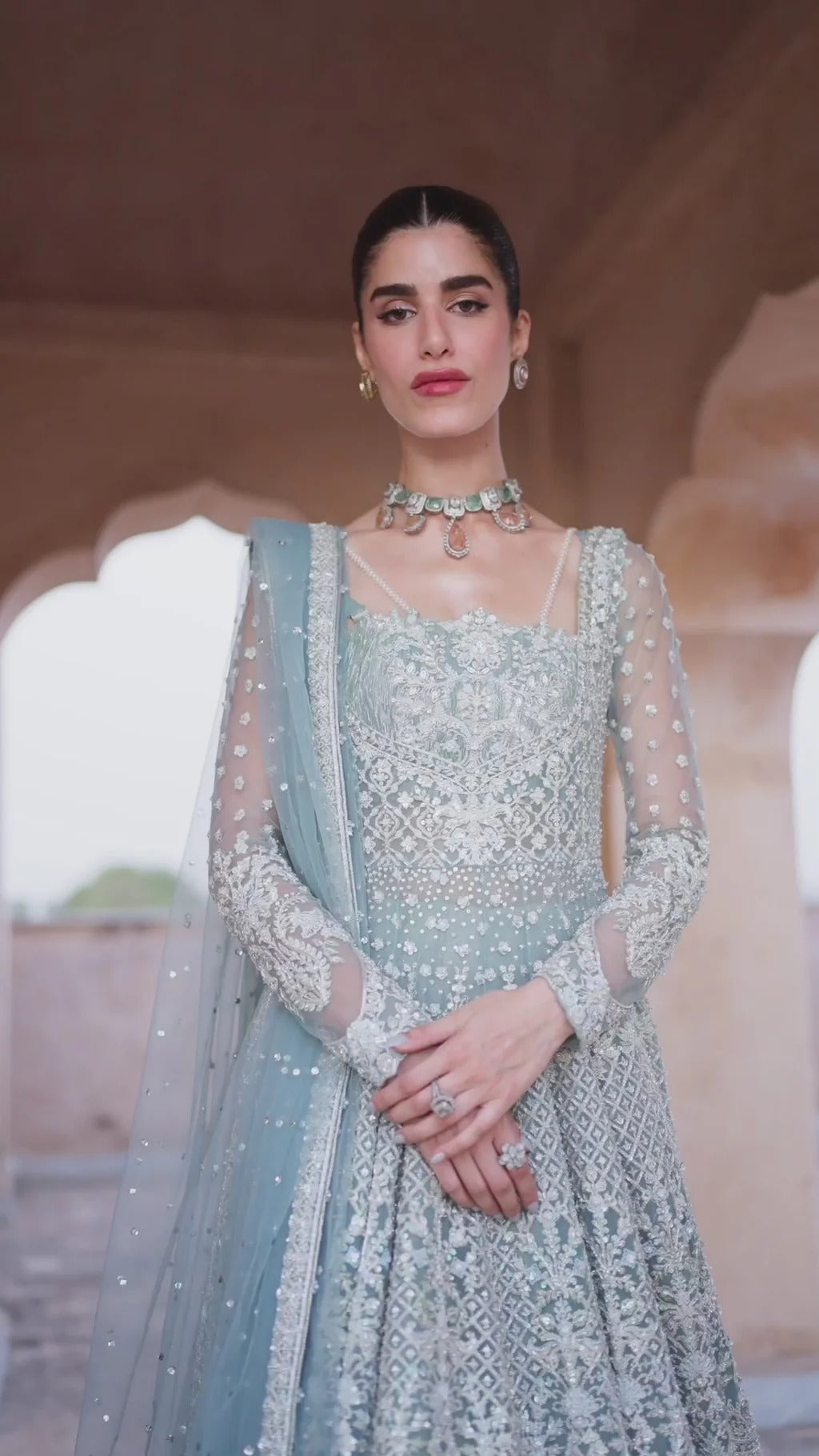 Faiza Saqlain | 3 Piece Unstitched Embroidered Net Lehenga | Dorien