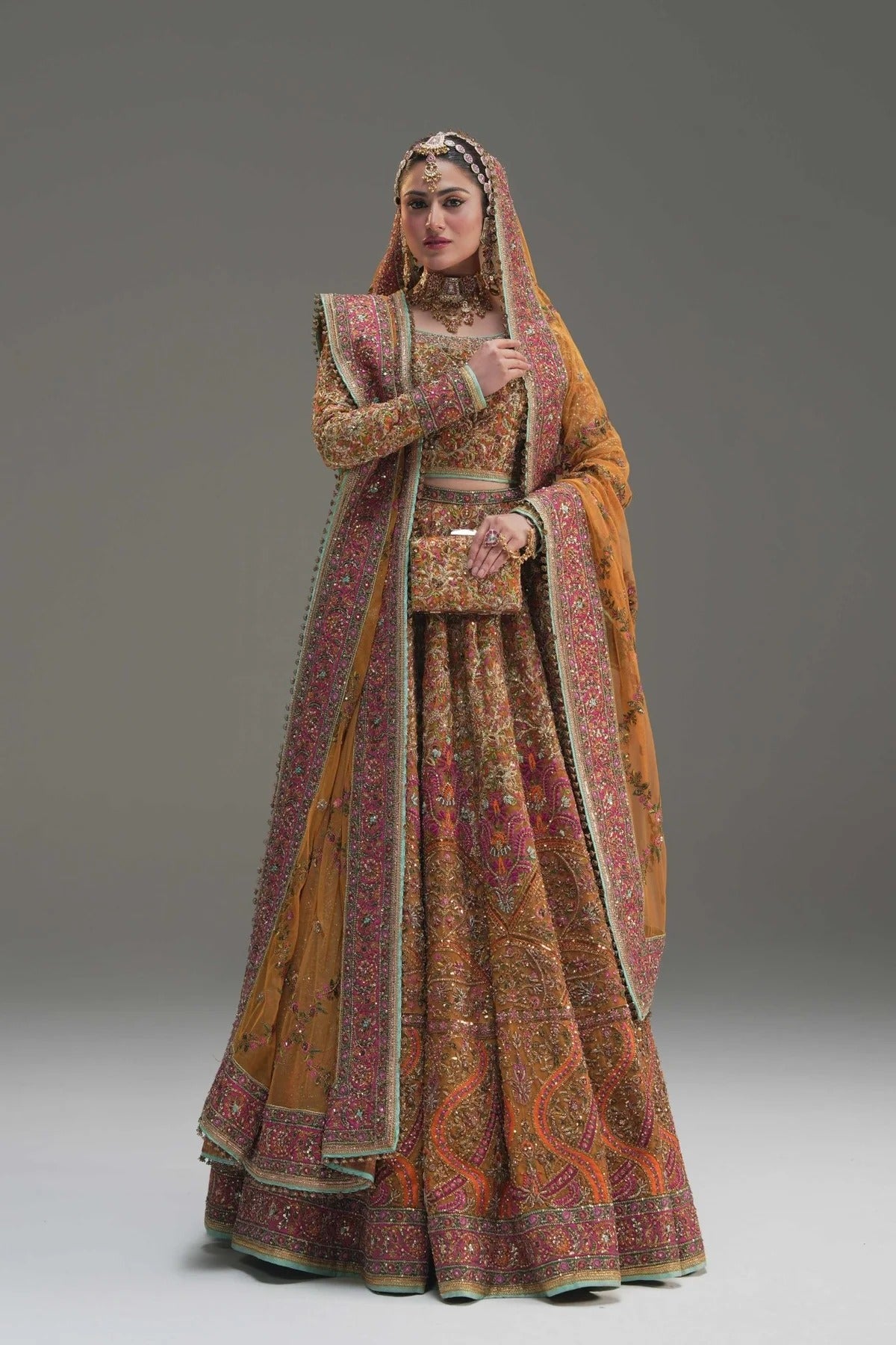 Fahad Hussayn | 3 Piece Unstitched Yellow Net Lehenga Choli | Naugul