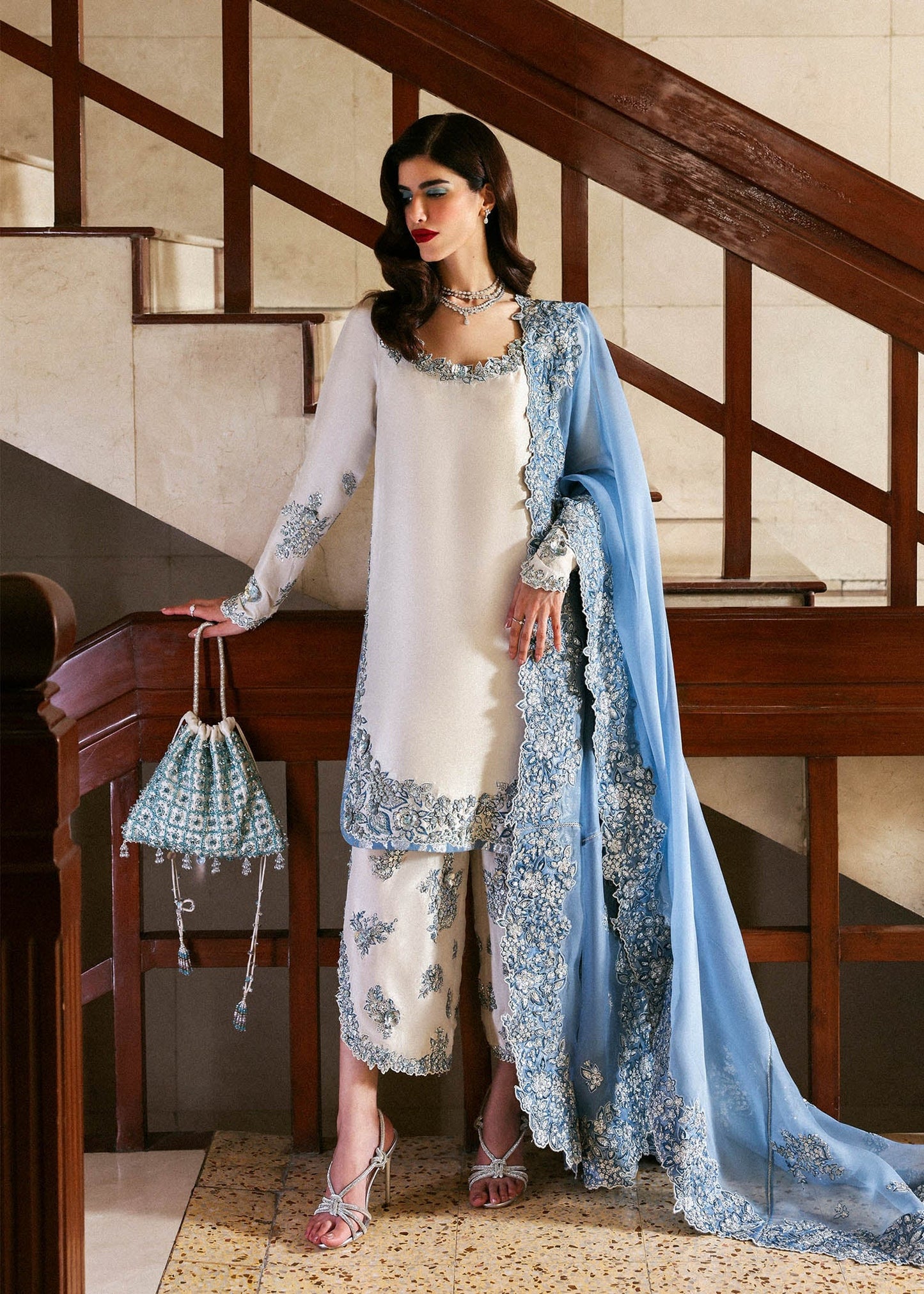 Hussain Rehar | 3 Piece Unstitched Embroidered Raw Silk | Off White & Ice  Blue