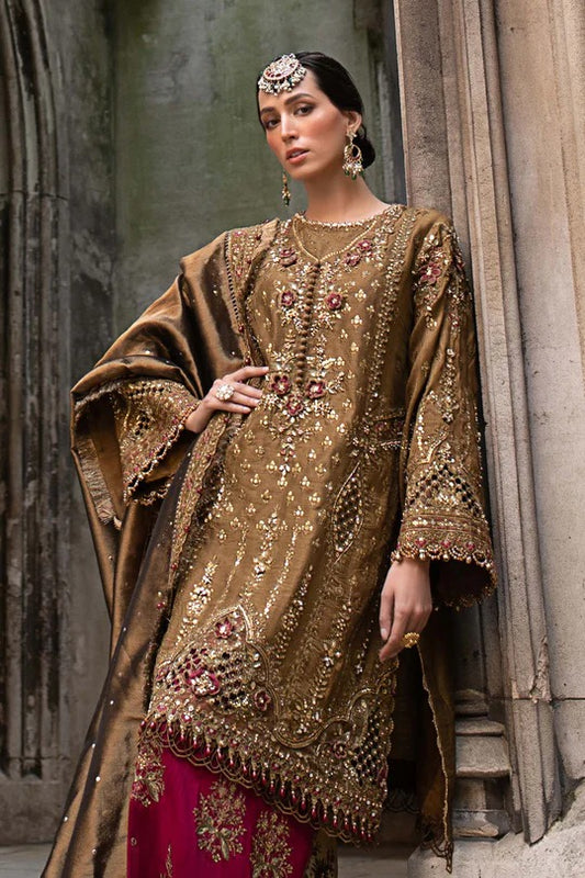 Maria B. | 3 Piece Unstitched Embroidered Raw Silk Suit | WF-09-04-Tambaku Brown