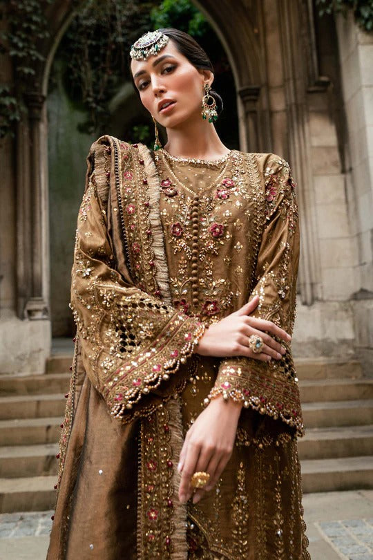 Maria B. | 3 Piece Unstitched Embroidered Raw Silk Suit | WF-09-04-Tambaku Brown