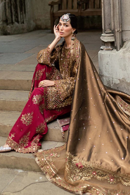 Maria B. | 3 Piece Unstitched Embroidered Raw Silk Suit | WF-09-04-Tambaku Brown