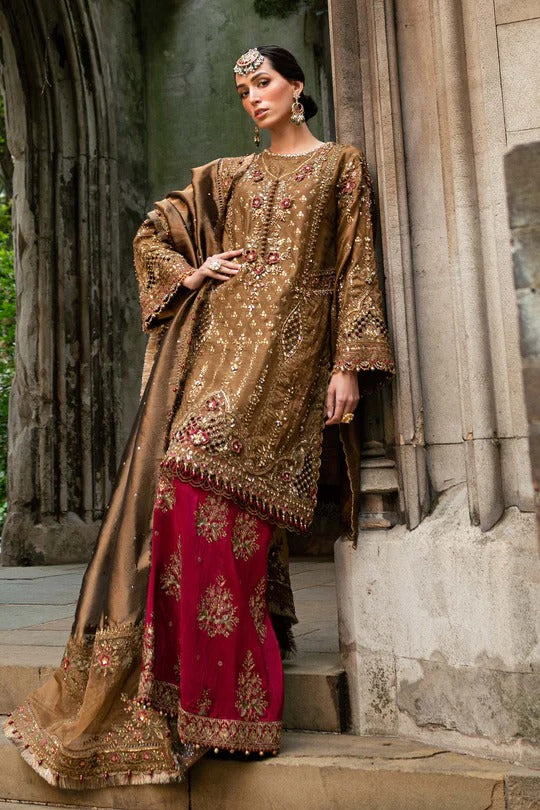 Maria B. | 3 Piece Unstitched Embroidered Raw Silk Suit | WF-09-04-Tambaku Brown