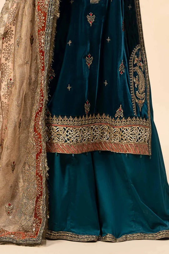 Maria B. | 3 Piece Embroidered Velvet Suit | SF-W24-29-Teal Blue