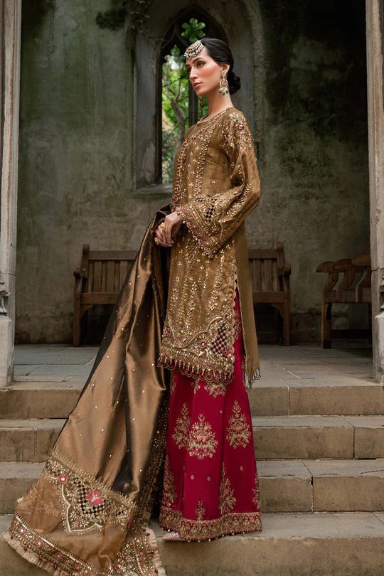 Maria B. | 3 Piece Unstitched Embroidered Raw Silk Suit | WF-09-04-Tambaku Brown