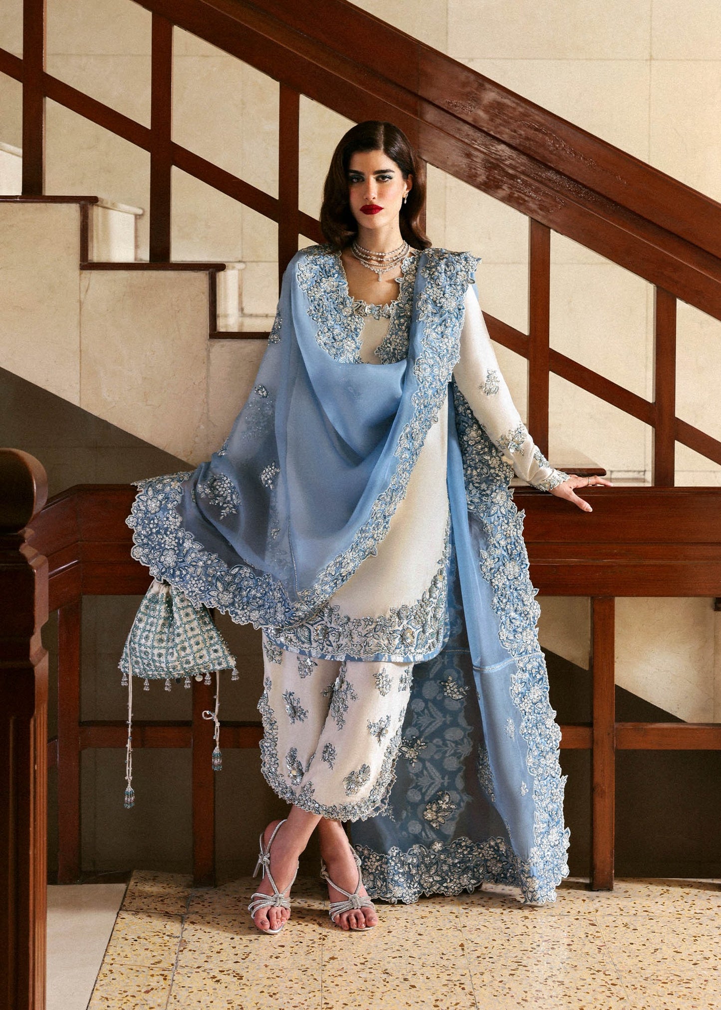 Hussain Rehar | 3 Piece Unstitched Embroidered Raw Silk | Off White & Ice  Blue