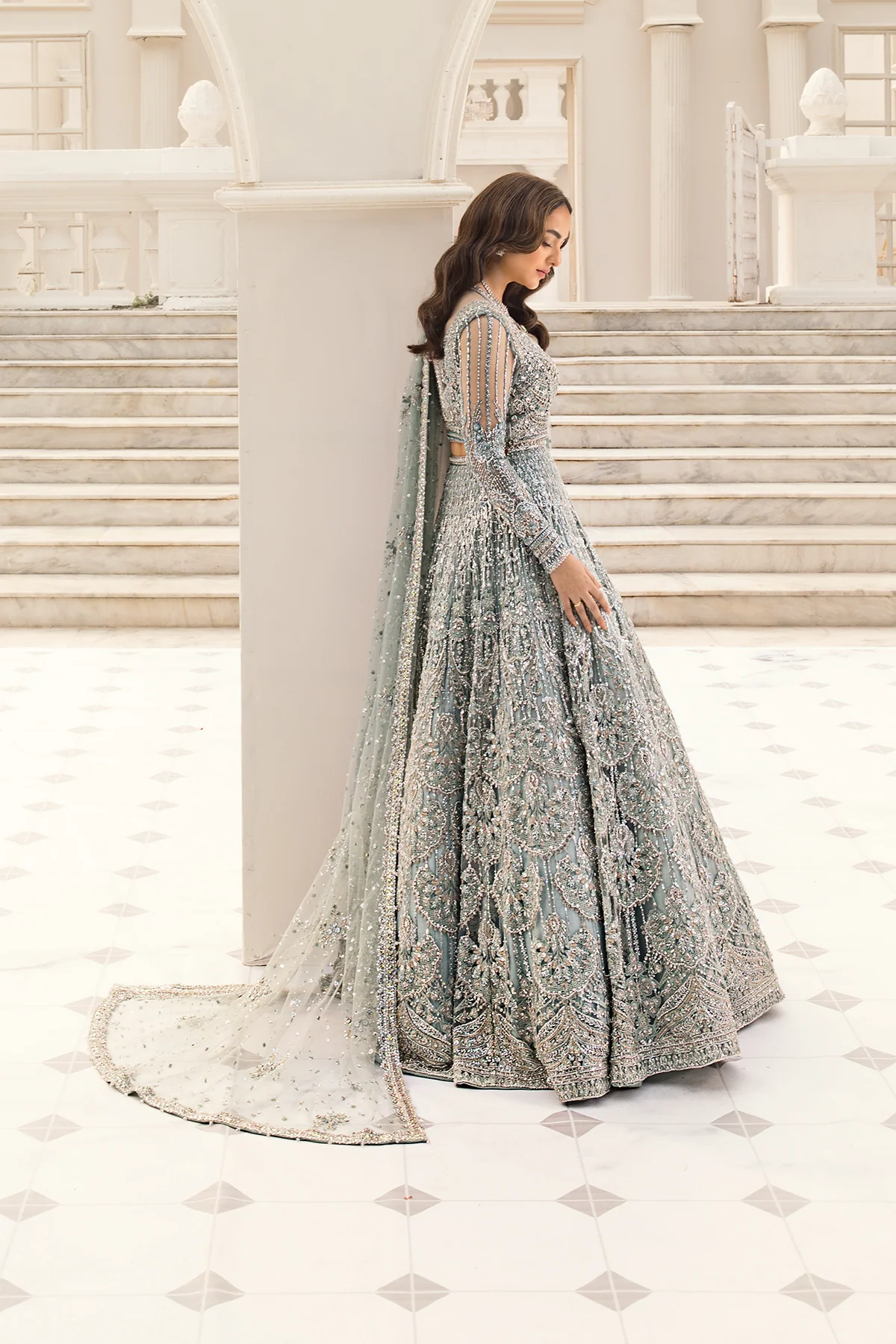 Erum Khan | Unstitched Net Bridal Lehnga | Minty Breeze