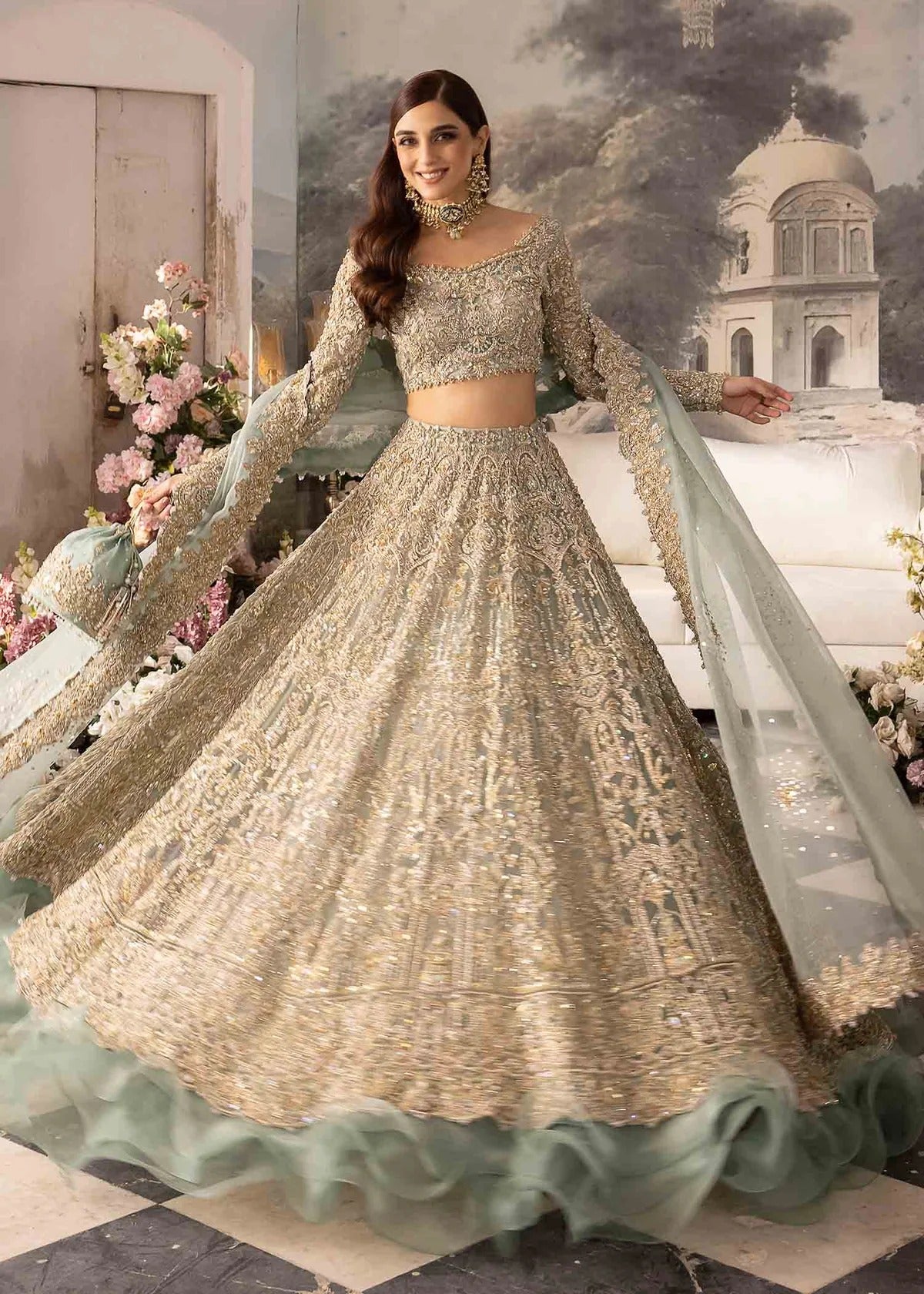 Kanwal Malik | 3 Piece Unstitched Embroidered Lehenga | Nazra