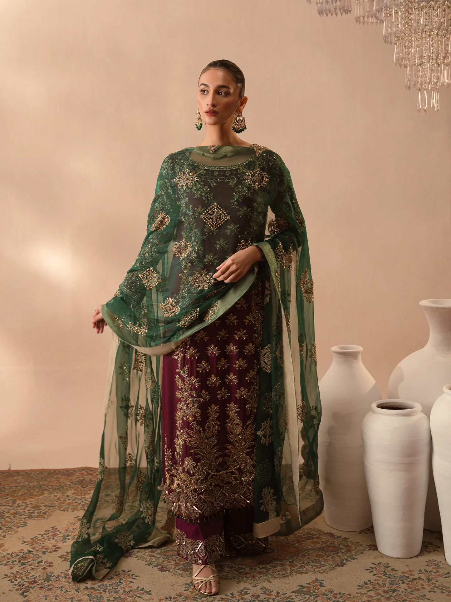 Abeera Usman | 3 Piece Unstitched Embroidered Organza | Burgundy Dusk