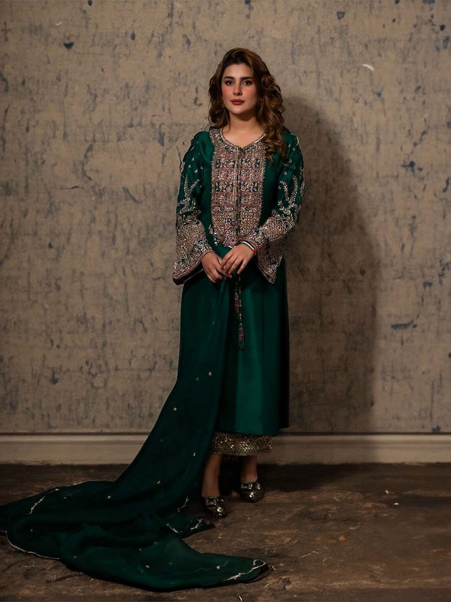 Hijab Omer | 3 Piece Unstitched Embroidered Raw Silk | Kubra