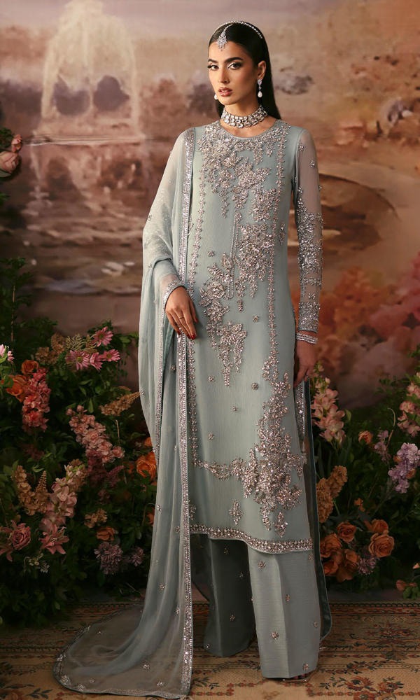 Nomi Ansari | 3 Piece Unstitched Embroidered Chiffon | Endless Sky