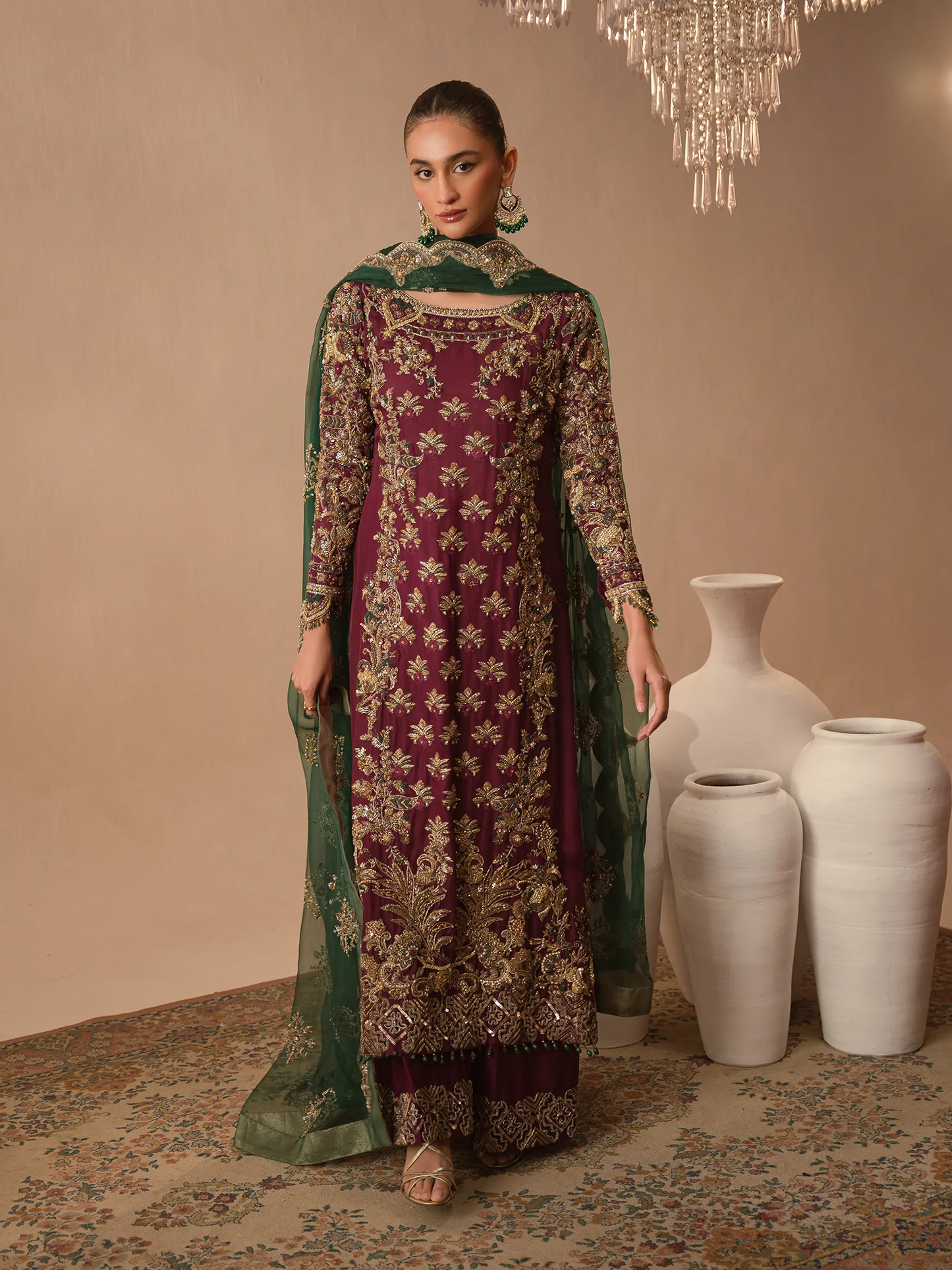 Abeera Usman | 3 Piece Unstitched Embroidered Organza | Burgundy Dusk