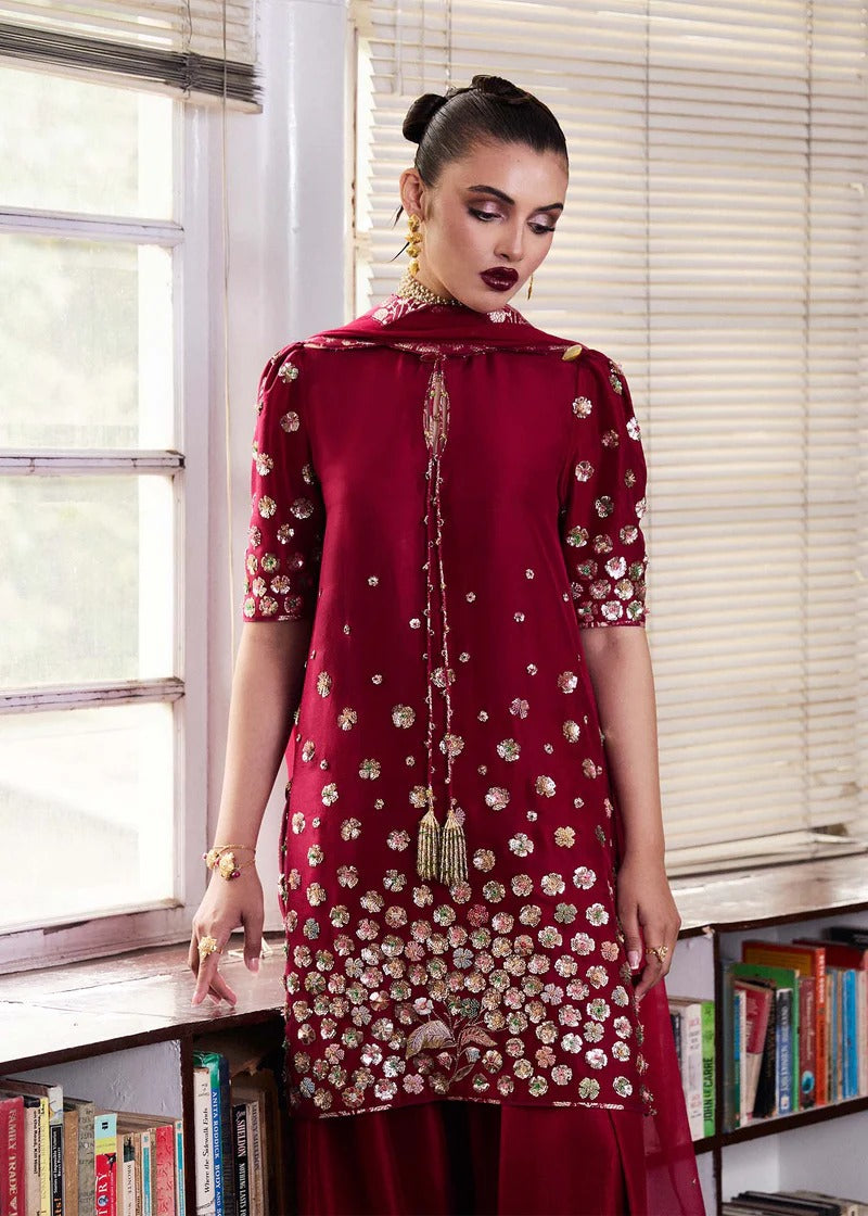 Hussain Rehar | 3 Piece Embroidered Rawsilk Outfit | Rasp