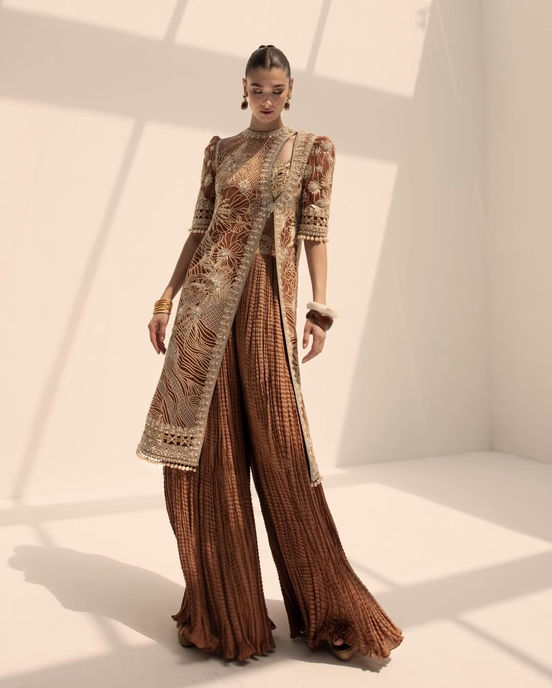 Faraz Manan | 3 Piece Unstitched Embroidered Silk | Caramel