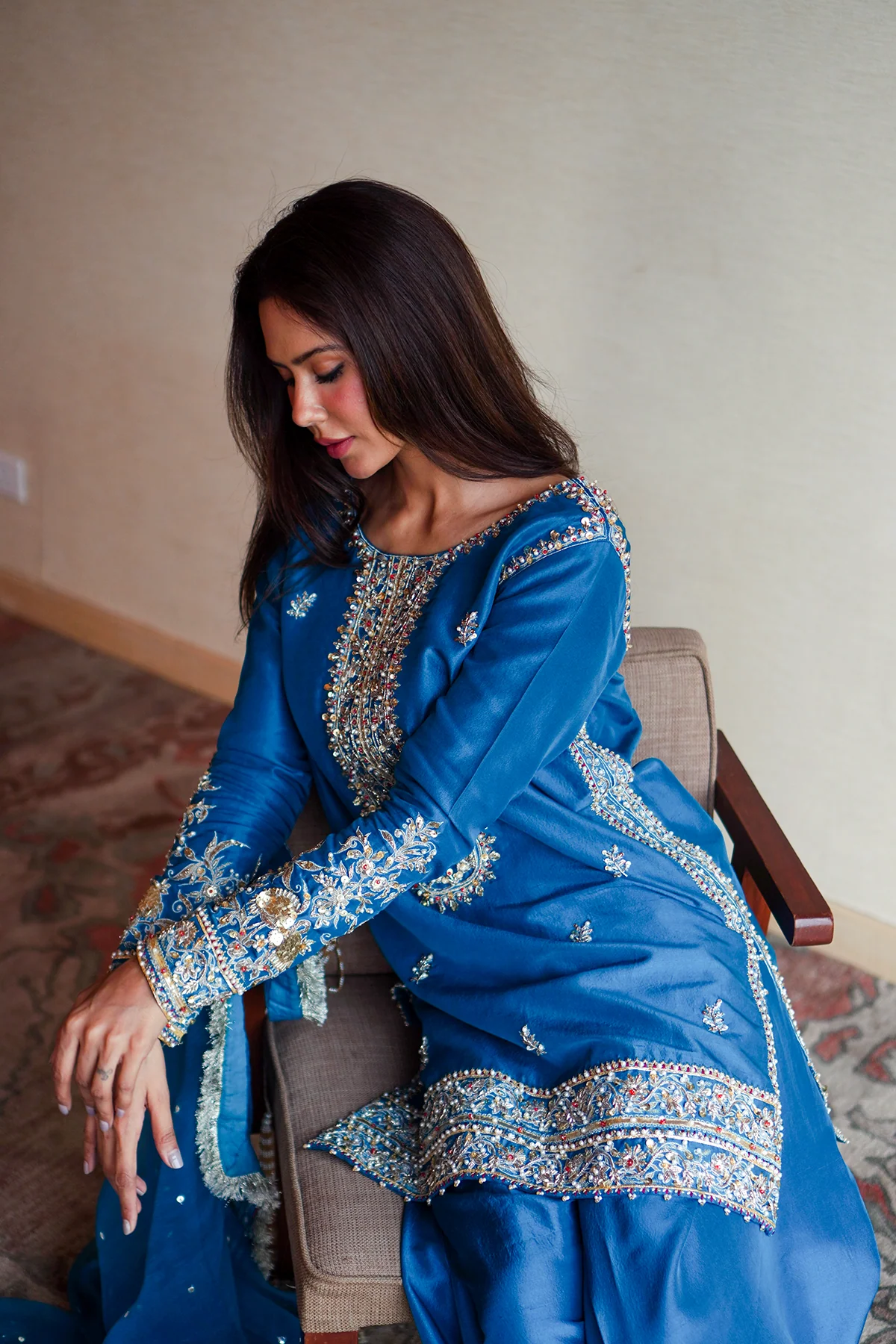 Erum Khan | 3 Piece Unstitched Embroidered Silk with Farshi Shalwar | Heer