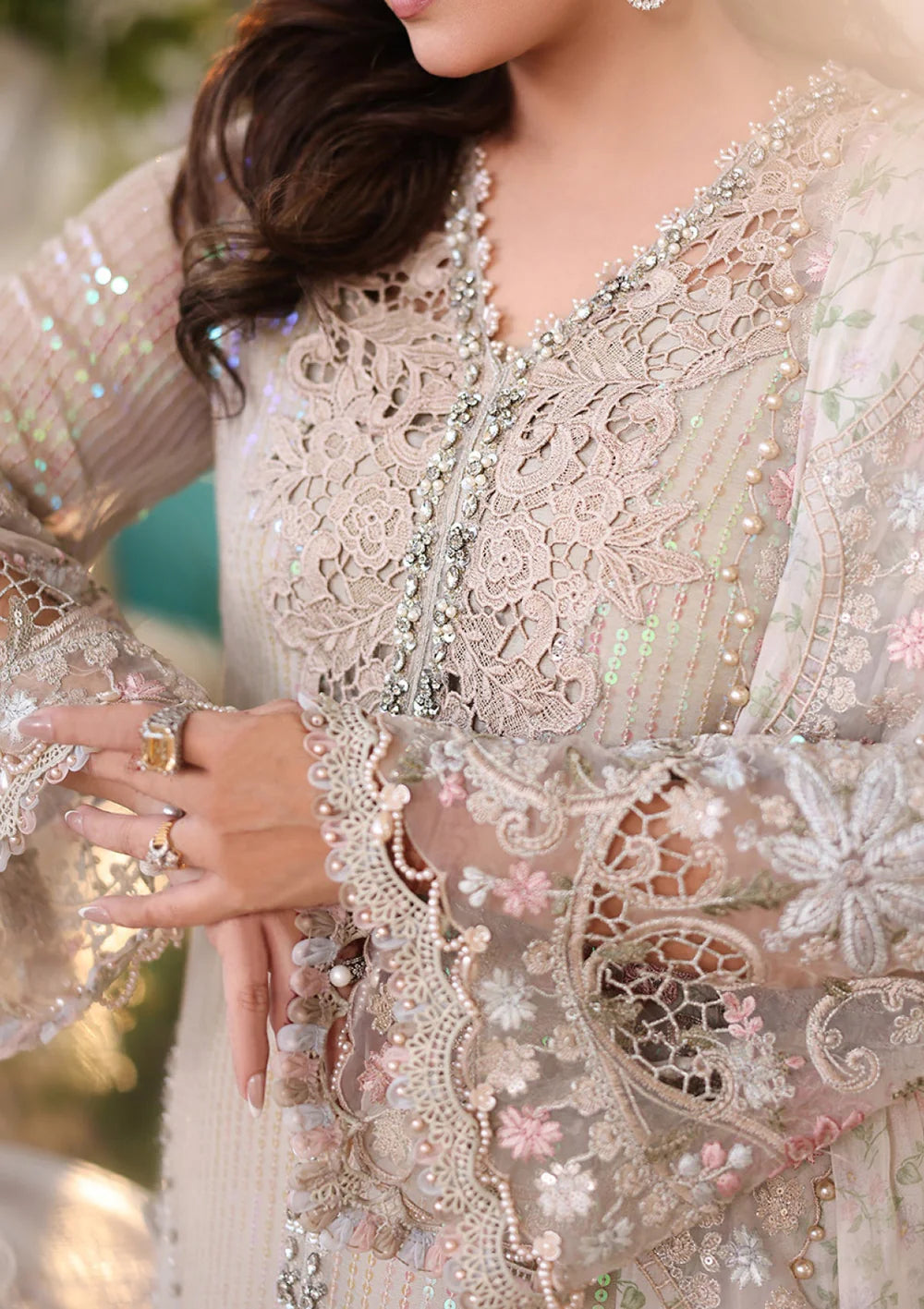 Maria B. | 3 Piece Embroidered Chiffon Suit | MCS-26-107-Ivory Beige
