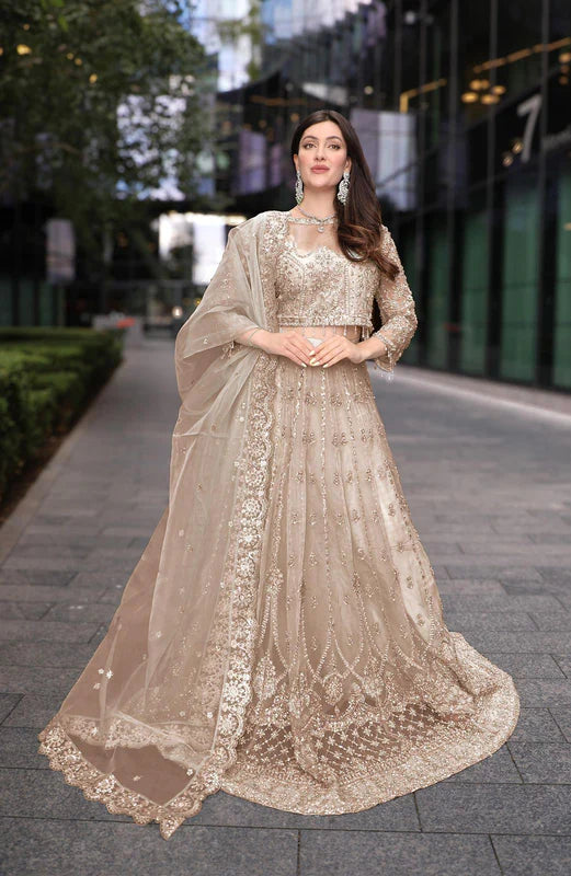 Emrna Kashif | 3 Piece Unstitched Embroidered Chiffon Lehenga | Skin Gold