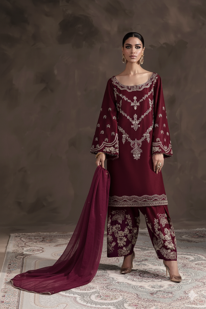 Abeera Usman | 3 Piece Unstitched Embroidered Raw Silk | Irina Maroon