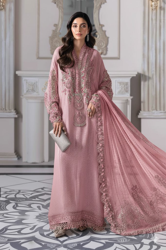 Maria B. | 3 Piece Unstitched Embroidered Chiffon Suit - Pink | BD-3005